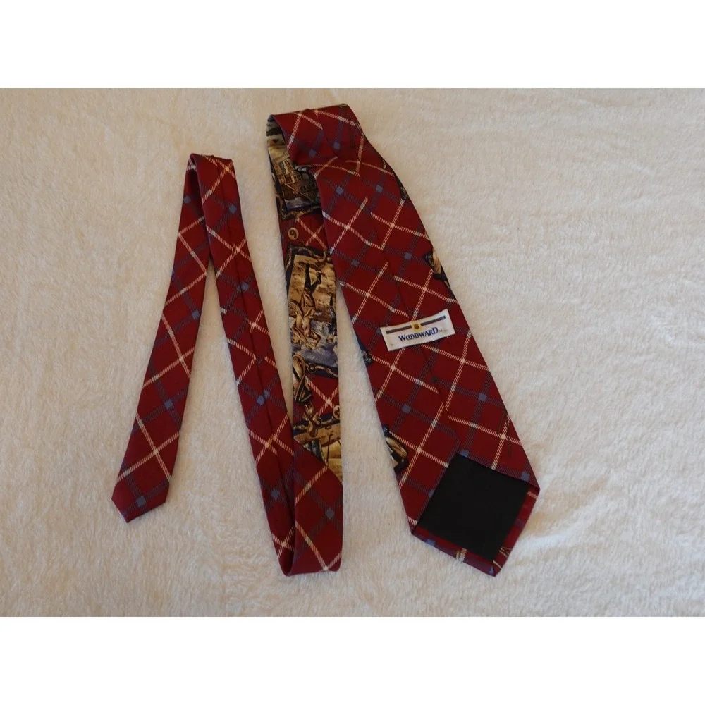 WOODWARD Men's Tie Silk Golf Sport Red‎ Blue 90s Vintage Necktie Bagger Plaid